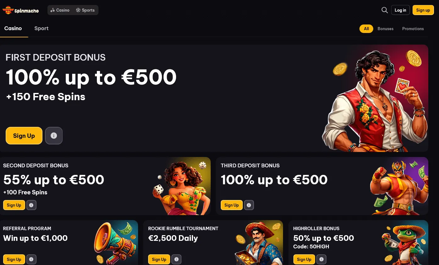 Spinmacho Casino desktop promotions area showing available player offers