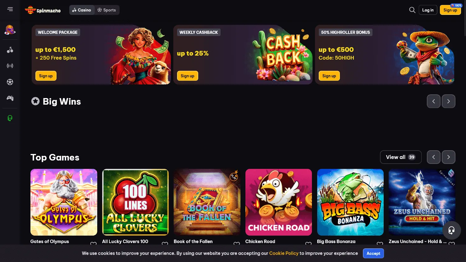 Spinmacho Casino desktop home showing casino entertainment options